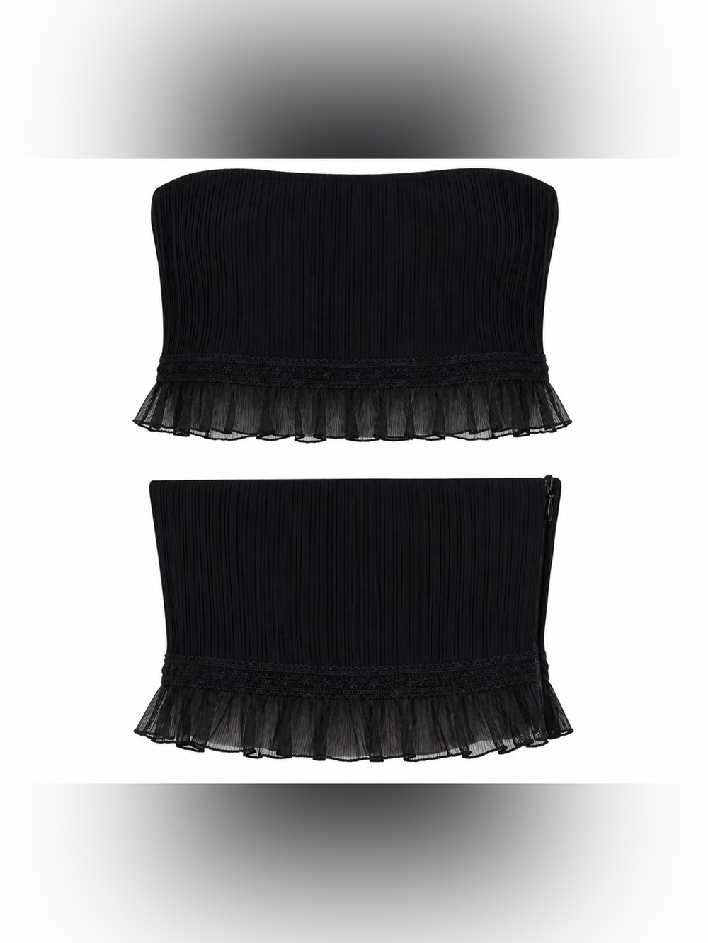 Sasha Therese Black Pleated Crop Top Ruffle Hem Sheer Overlay Y2K Balletcore